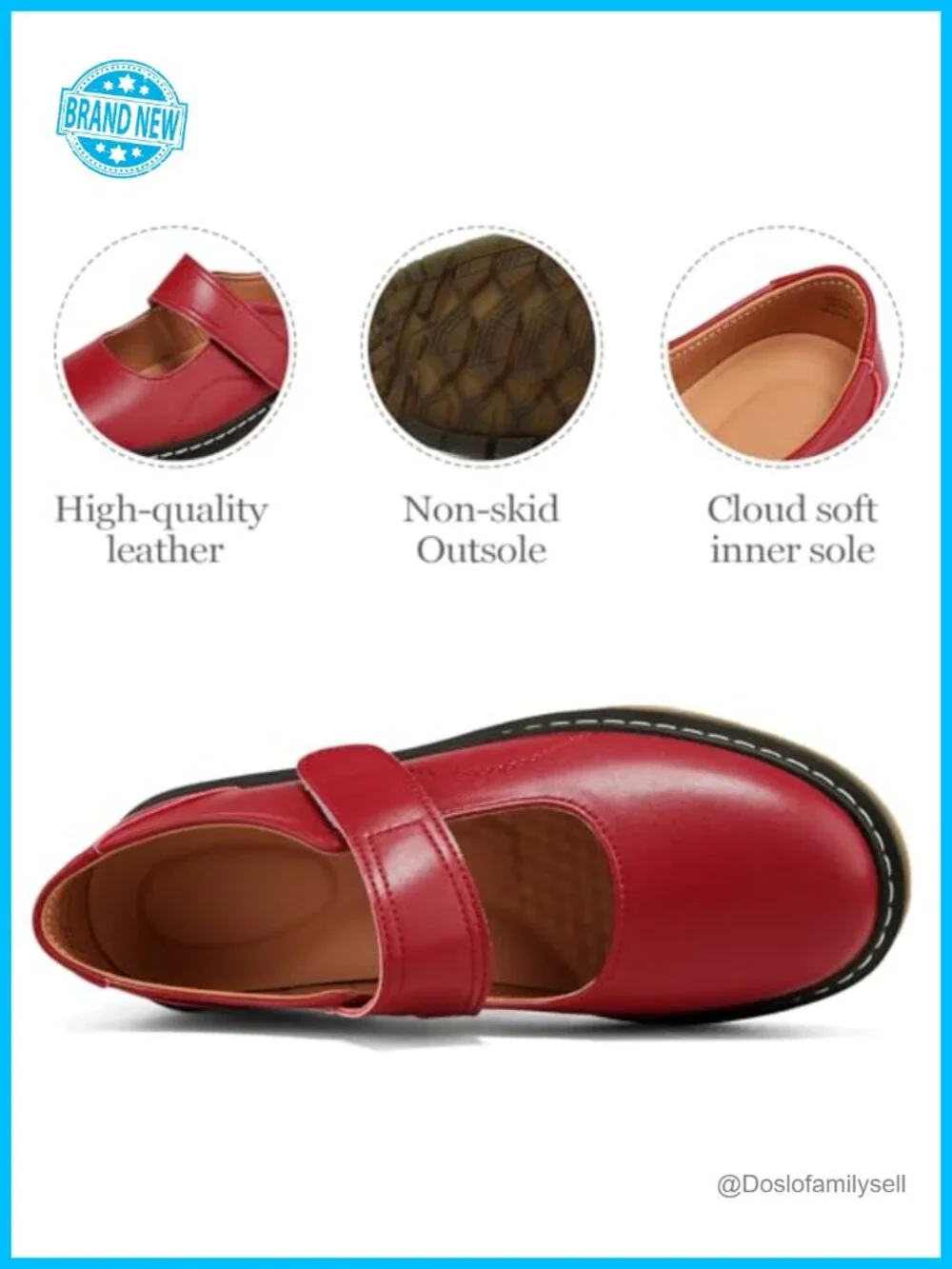 Genuine Leather Mary Jane Flats Memory Foam Arch Support Hook Loop